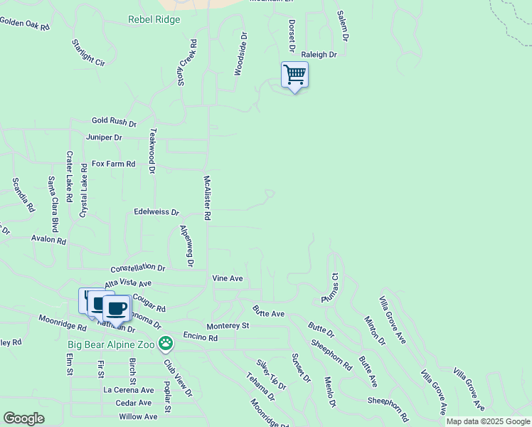 map of restaurants, bars, coffee shops, grocery stores, and more near 1100 Johnny Way in Big Bear