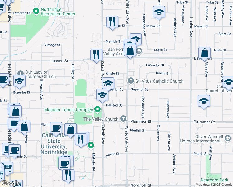 map of restaurants, bars, coffee shops, grocery stores, and more near 17720 Superior Street in Los Angeles