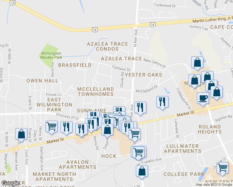map of restaurants, bars, coffee shops, grocery stores, and more near 4318 McClelland Drive in Wilmington