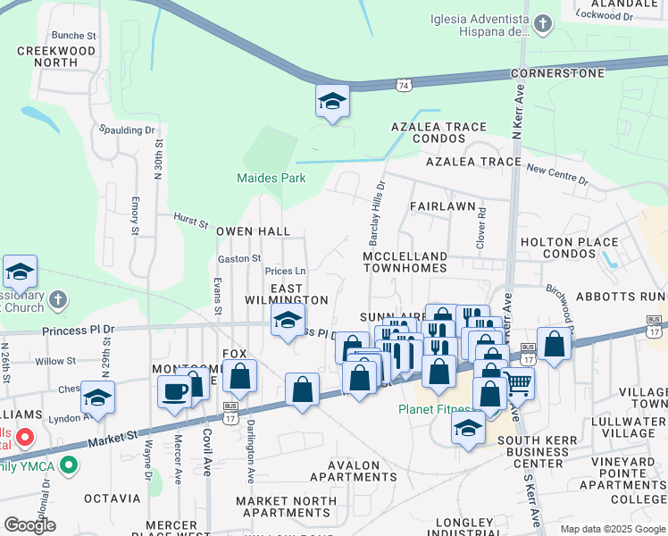 map of restaurants, bars, coffee shops, grocery stores, and more near 510 Hope Springs Court in Wilmington