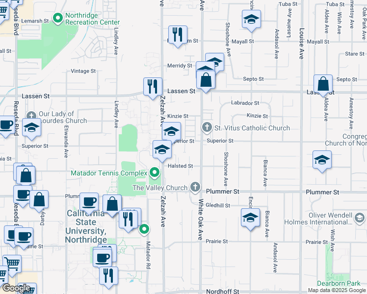 map of restaurants, bars, coffee shops, grocery stores, and more near 17738 Superior Street in Los Angeles