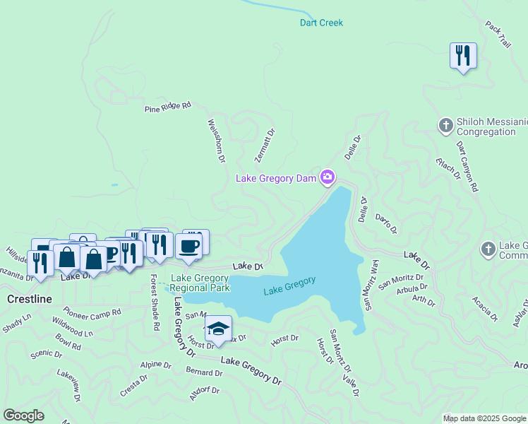 map of restaurants, bars, coffee shops, grocery stores, and more near 384 Wylerhorn Drive in Crestline