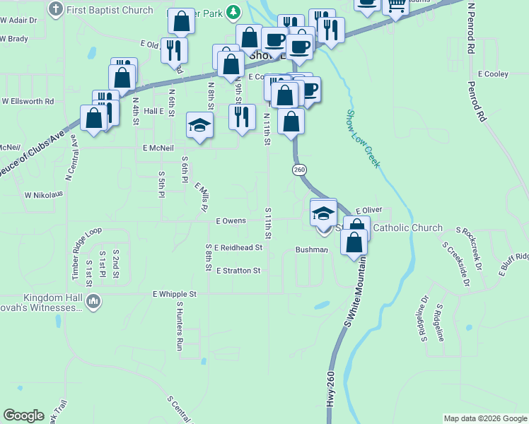 map of restaurants, bars, coffee shops, grocery stores, and more near 1080 East Owens in Show Low