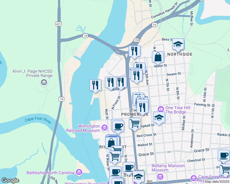 map of restaurants, bars, coffee shops, grocery stores, and more near 929 North Front Street in Wilmington