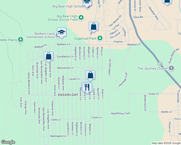 map of restaurants, bars, coffee shops, grocery stores, and more near 331 Maple Lane in Big Bear