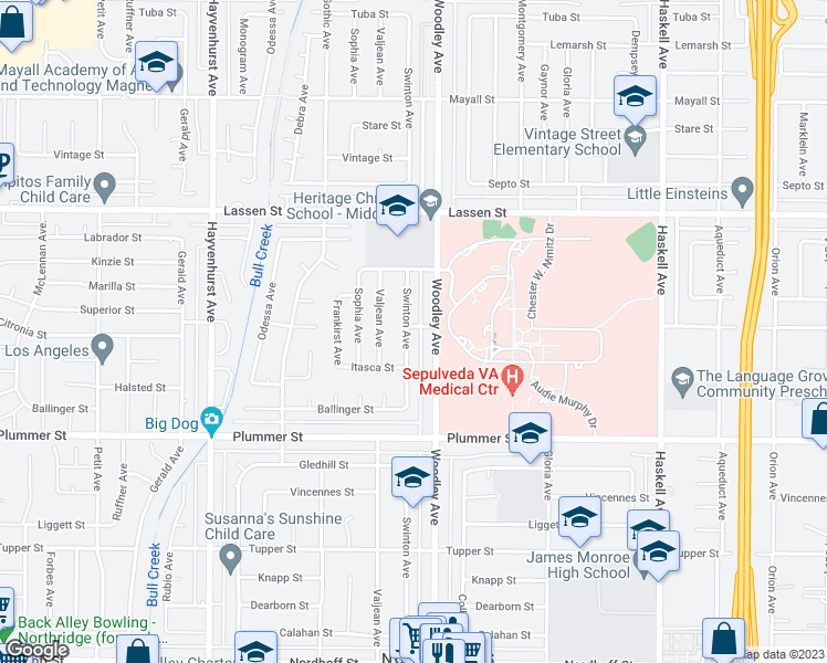 map of restaurants, bars, coffee shops, grocery stores, and more near 9656 Swinton Avenue in Los Angeles