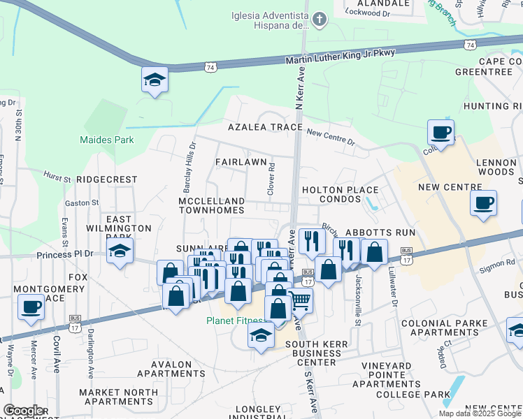 map of restaurants, bars, coffee shops, grocery stores, and more near 4318 McClelland Dr in Wilmington