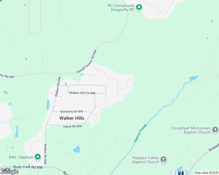 map of restaurants, bars, coffee shops, grocery stores, and more near 15 Grant Drive Northwest in Cartersville