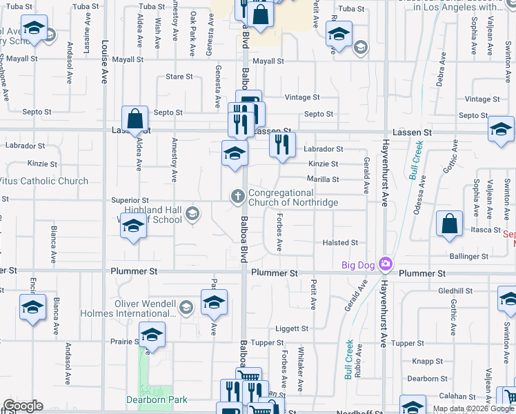 map of restaurants, bars, coffee shops, grocery stores, and more near 16938 Citronia Street in Los Angeles