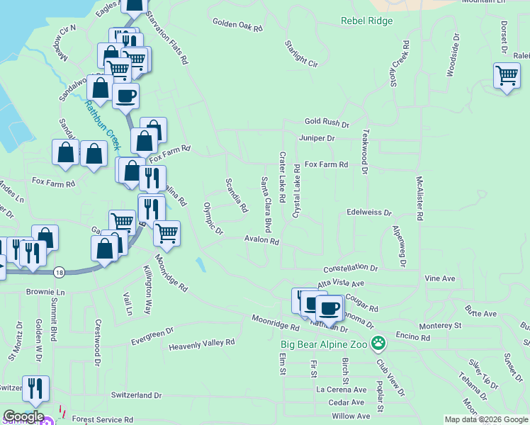 map of restaurants, bars, coffee shops, grocery stores, and more near 326 Santa Clara Boulevard in Big Bear Lake