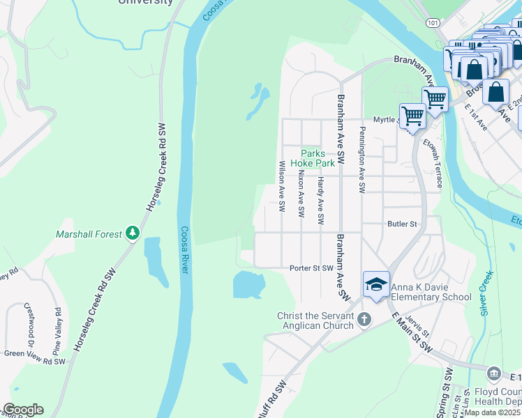 map of restaurants, bars, coffee shops, grocery stores, and more near 13 Landrum Place Southwest in Rome