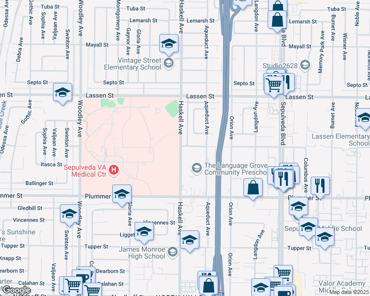 map of restaurants, bars, coffee shops, grocery stores, and more near 9658 Haskell Avenue in Los Angeles