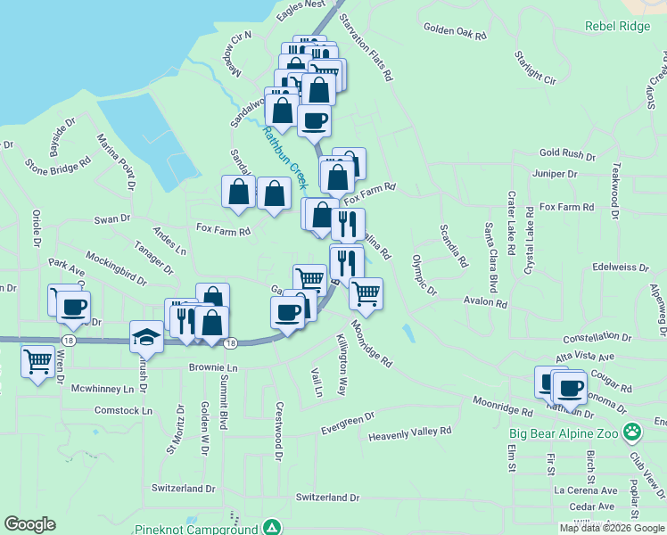 map of restaurants, bars, coffee shops, grocery stores, and more near 42112 Big Bear Boulevard in Big Bear Lake