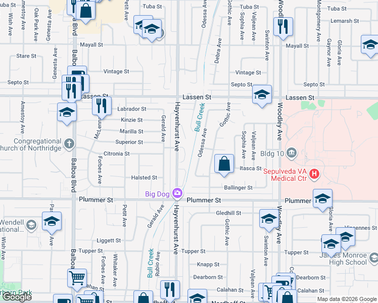 map of restaurants, bars, coffee shops, grocery stores, and more near 16539 Superior Street in Los Angeles