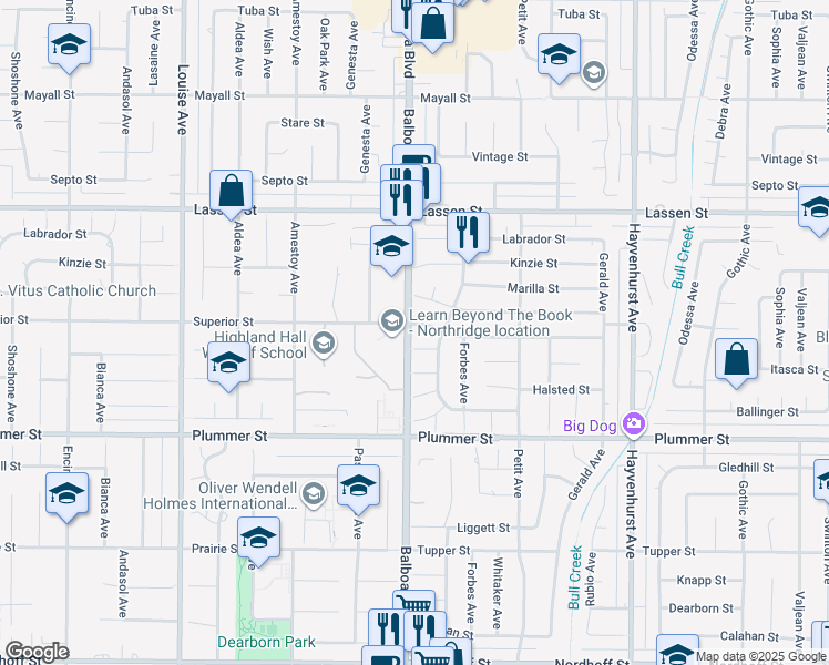 map of restaurants, bars, coffee shops, grocery stores, and more near 16964 Citronia Street in Los Angeles