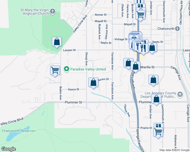 map of restaurants, bars, coffee shops, grocery stores, and more near 9669 Nita Avenue in Los Angeles
