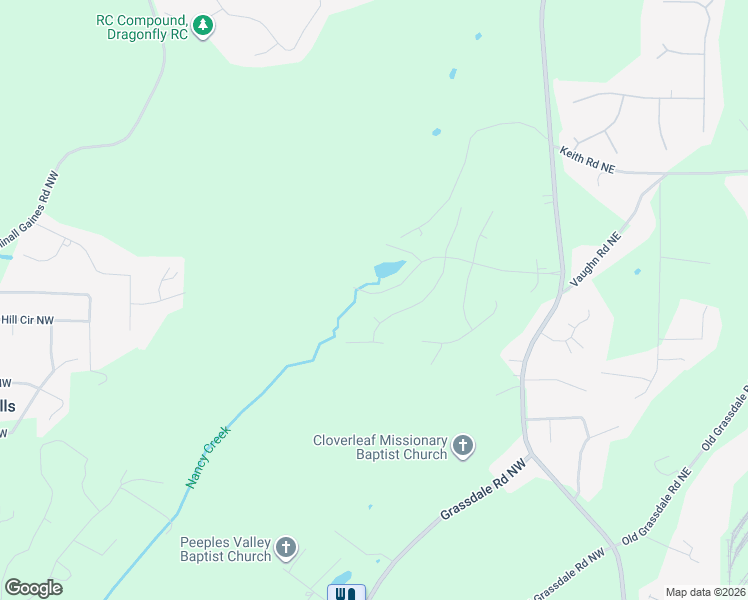 map of restaurants, bars, coffee shops, grocery stores, and more near 51 Mountainbrook Drive in Cartersville