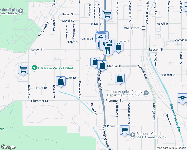 map of restaurants, bars, coffee shops, grocery stores, and more near 22052 Acorn Street in Los Angeles
