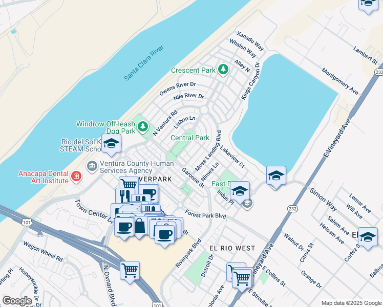 map of restaurants, bars, coffee shops, grocery stores, and more near 3113 London Lane in Oxnard
