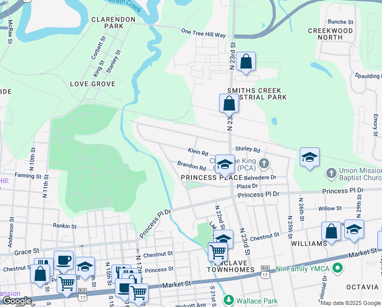 map of restaurants, bars, coffee shops, grocery stores, and more near 2130 Klein Road in Wilmington