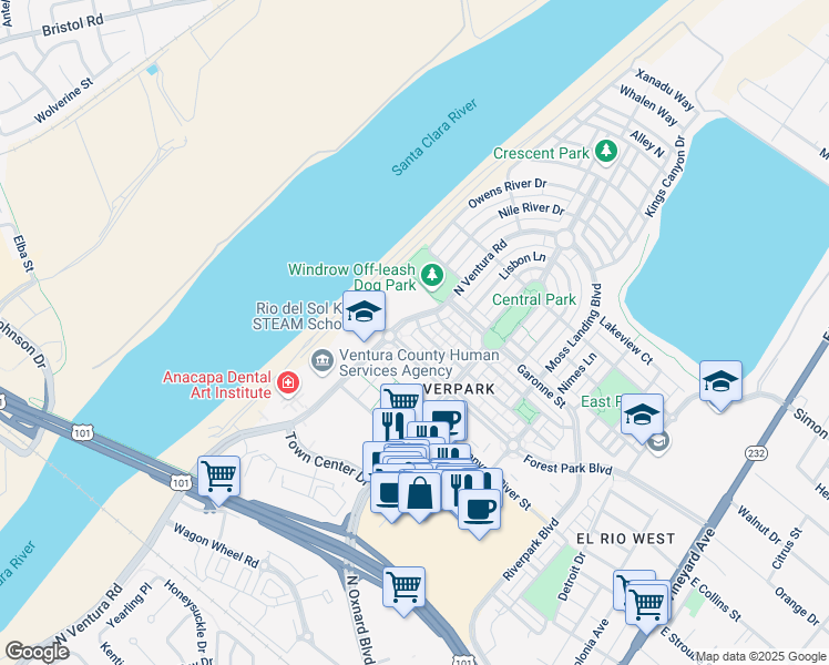 map of restaurants, bars, coffee shops, grocery stores, and more near 763 Flathead River Street in Oxnard