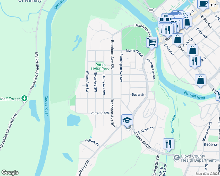 map of restaurants, bars, coffee shops, grocery stores, and more near 420 Branham Avenue Southwest in Rome