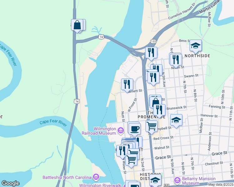 map of restaurants, bars, coffee shops, grocery stores, and more near 100 Harnett Street in Wilmington