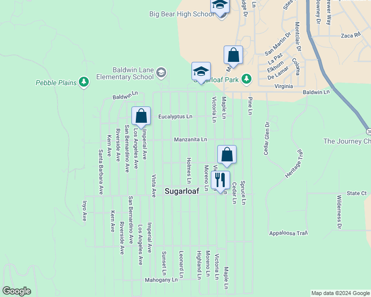 map of restaurants, bars, coffee shops, grocery stores, and more near 326 Holmes Lane in Big Bear