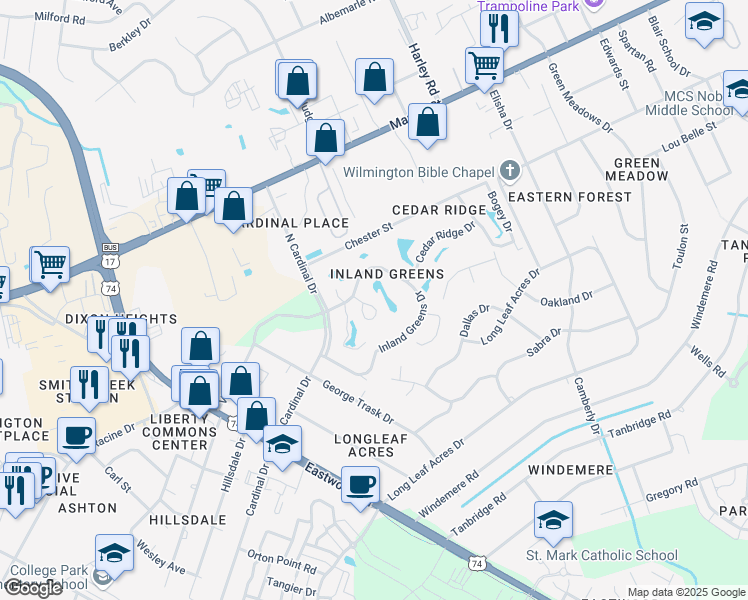 map of restaurants, bars, coffee shops, grocery stores, and more near 201 Inland Greens Circle in Wilmington