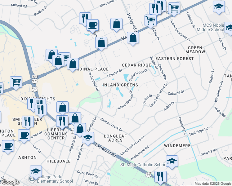 map of restaurants, bars, coffee shops, grocery stores, and more near 201 Inland Greens Circle in Wilmington