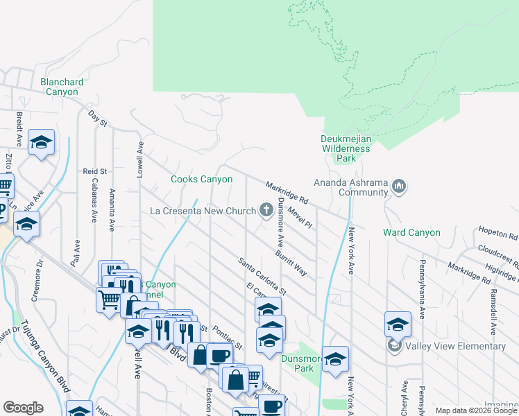 map of restaurants, bars, coffee shops, grocery stores, and more near 5039 Carolyn Way in Glendale