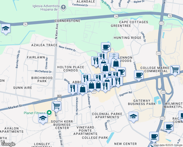 map of restaurants, bars, coffee shops, grocery stores, and more near Cobblestone Drive in Wilmington