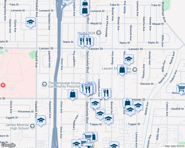 map of restaurants, bars, coffee shops, grocery stores, and more near 15361 Superior Street in Los Angeles