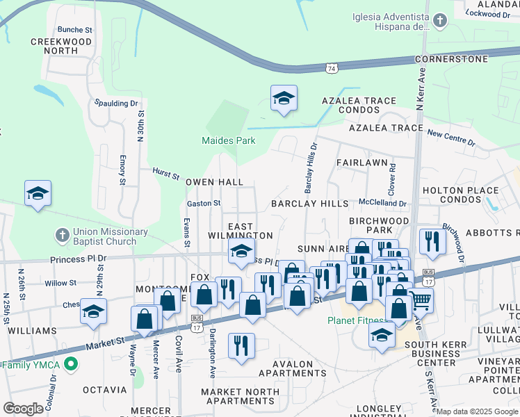 map of restaurants, bars, coffee shops, grocery stores, and more near 3809 Prices Lane in Wilmington