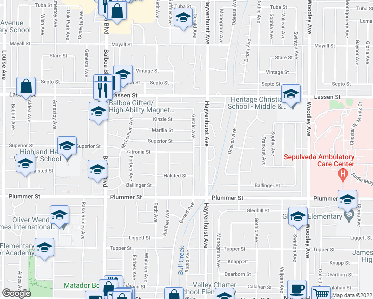 map of restaurants, bars, coffee shops, grocery stores, and more near 16649 Citronia Street in Los Angeles
