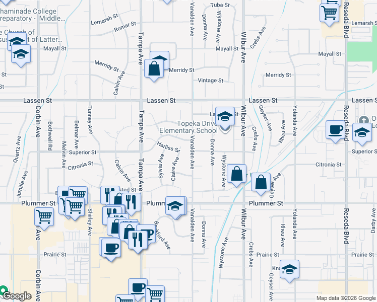 map of restaurants, bars, coffee shops, grocery stores, and more near 9659 Vanalden Avenue in Los Angeles