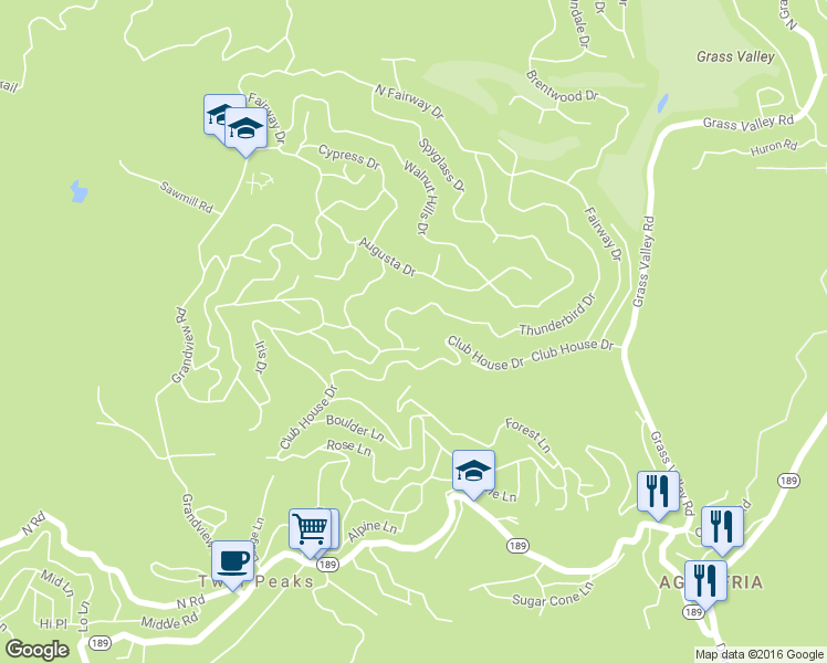map of restaurants, bars, coffee shops, grocery stores, and more near 26237 Thunderbird Drive in Lake Arrowhead