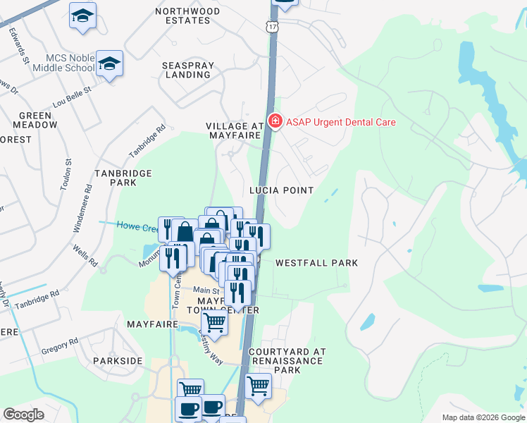 map of restaurants, bars, coffee shops, grocery stores, and more near Military Cutoff Trail in Wilmington