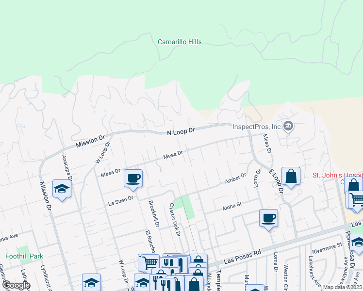 map of restaurants, bars, coffee shops, grocery stores, and more near 21 Lori Lane in Camarillo