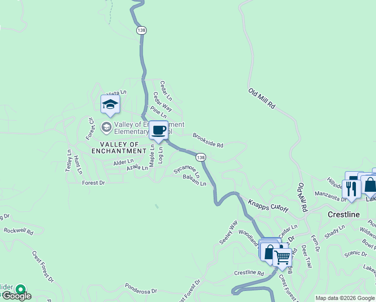 map of restaurants, bars, coffee shops, grocery stores, and more near 381 California 138 in Crestline