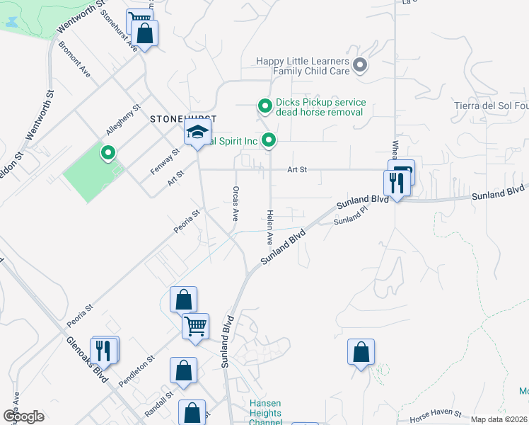 map of restaurants, bars, coffee shops, grocery stores, and more near 9729 Helen Avenue in Los Angeles