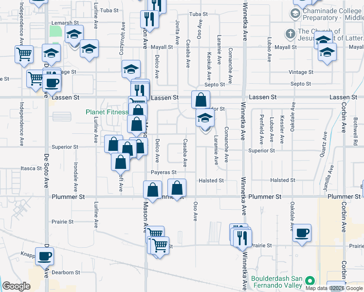 map of restaurants, bars, coffee shops, grocery stores, and more near 20330 Superior Street in Los Angeles