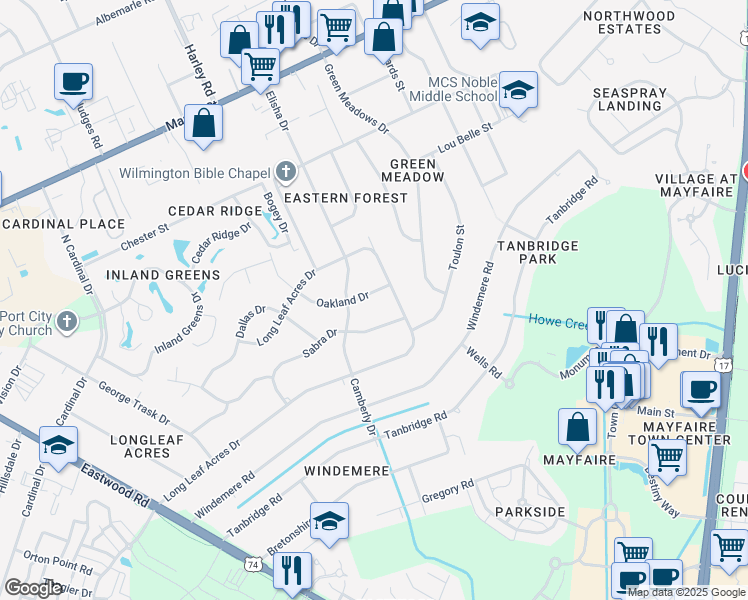 map of restaurants, bars, coffee shops, grocery stores, and more near 410 Oakland Drive in Wilmington