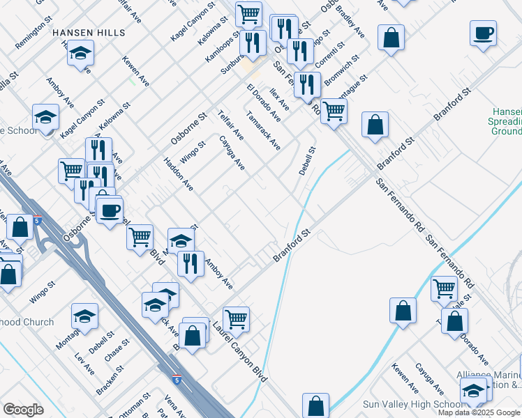 map of restaurants, bars, coffee shops, grocery stores, and more near 9713 Kewen Avenue in Los Angeles