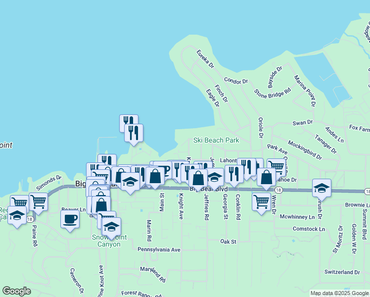 map of restaurants, bars, coffee shops, grocery stores, and more near 344 Knight Avenue in Big Bear Lake