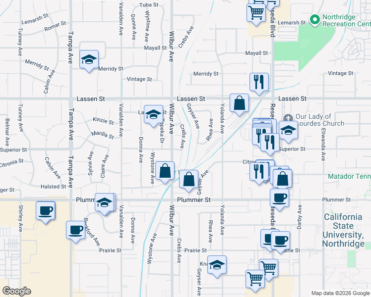 map of restaurants, bars, coffee shops, grocery stores, and more near 9700 Crebs Avenue in Los Angeles