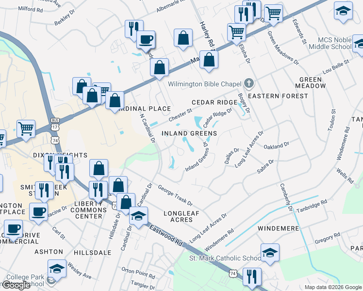 map of restaurants, bars, coffee shops, grocery stores, and more near 201 Inland Greens Circle in Wilmington