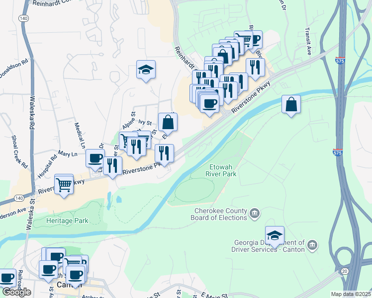 map of restaurants, bars, coffee shops, grocery stores, and more near 650 Riverstone Parkway in Canton