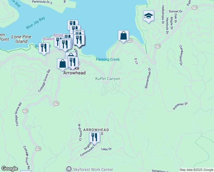 map of restaurants, bars, coffee shops, grocery stores, and more near 138 Rockledge Lane in Lake Arrowhead