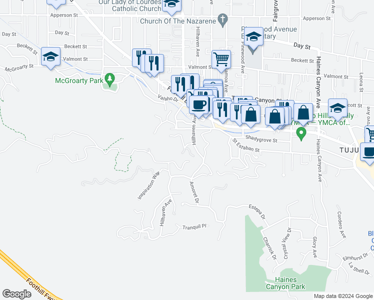 map of restaurants, bars, coffee shops, grocery stores, and more near 9739 Oak Bend Drive in Los Angeles